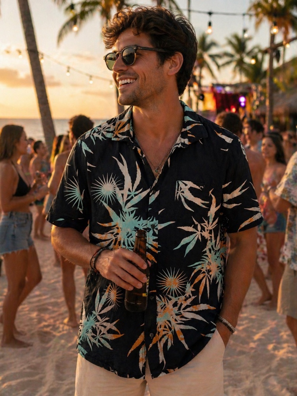 Billabong Tropical Button Up Shirt Men’s Large Black Palm Print Beach Party